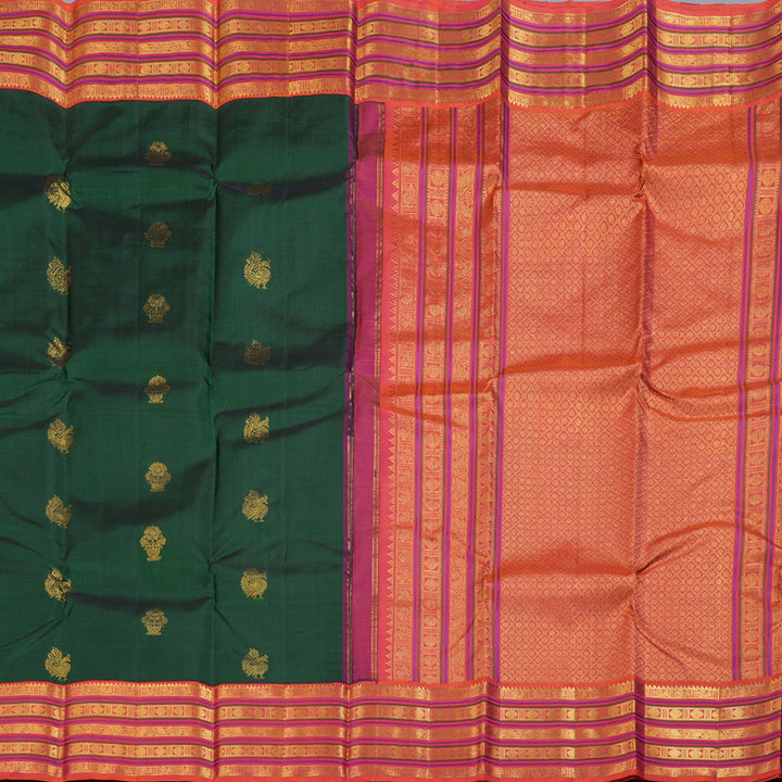 Hayagrivas Bottle Green Kanjivaram Silk Saree with Rudraksham Motifs in Orangish Pink Border - BBD487F15-1