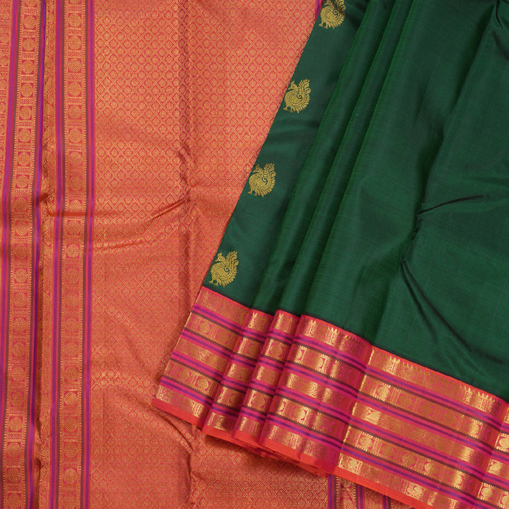 Hayagrivas Bottle Green Kanjivaram Silk Saree with Rudraksham Motifs in Orangish Pink Border - BBD487F15-1