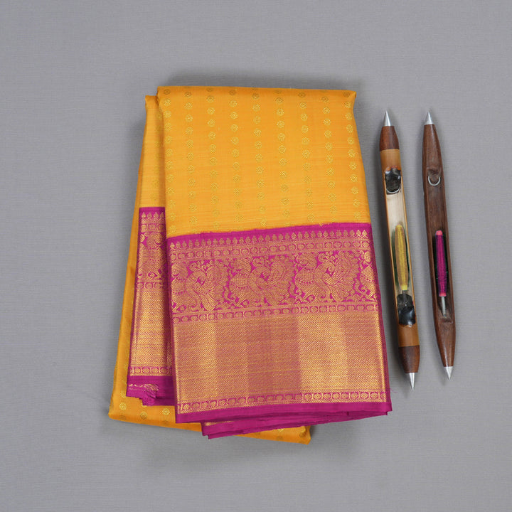 Hayagrivas Mustard Yellow Kanjivaram Silk Saree with Annam Motifs in Pink Border - BBD498F6-1