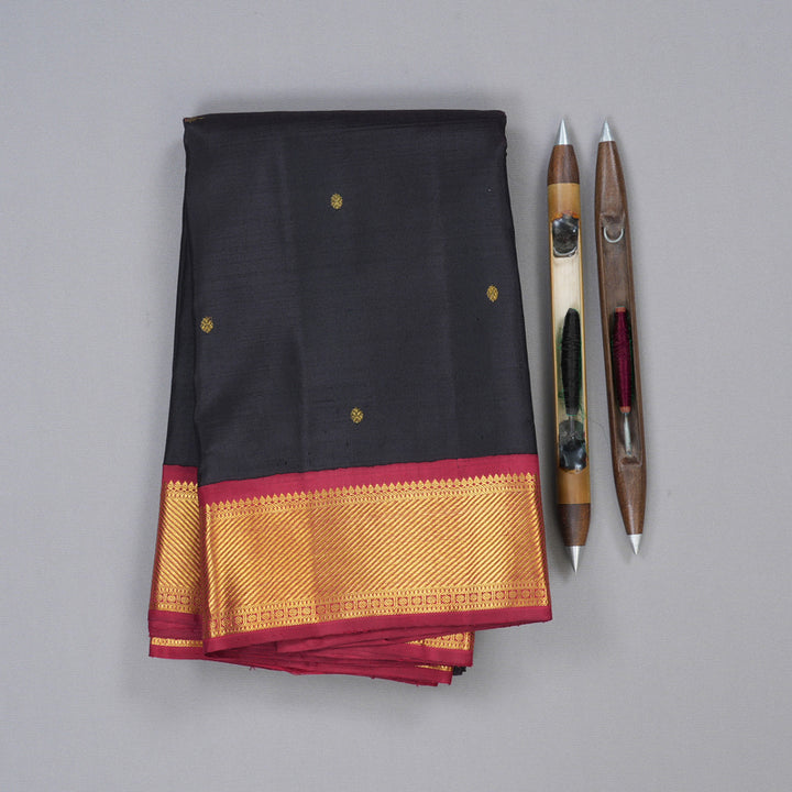 Hayagrivas Black Handloom Kanjivaram Silk Saree with Maroon Border BBD510F11-1