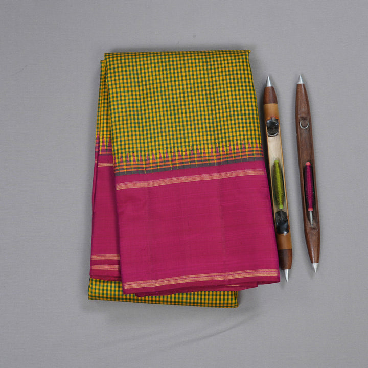 Hayagrivas Green With Yellow Muted Checks Kanjivaram Silk Saree with Dark Pink Border BBD510F7-1