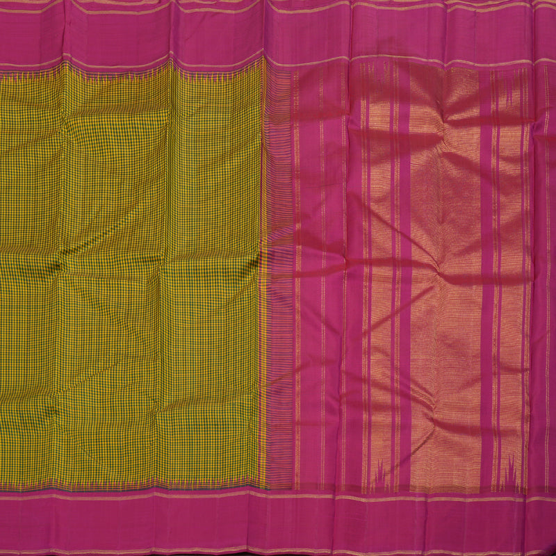 Hayagrivas Green With Yellow Muted Checks Kanjivaram Silk Saree with Dark Pink Border BBD510F7-1