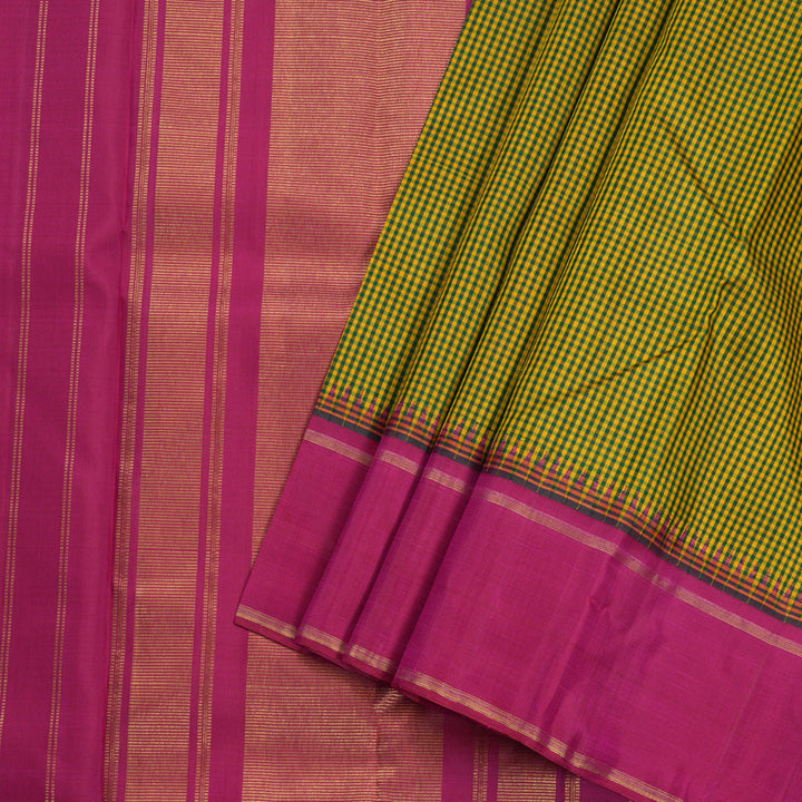 Hayagrivas Green With Yellow Muted Checks Kanjivaram Silk Saree with Dark Pink Border BBD510F7-1