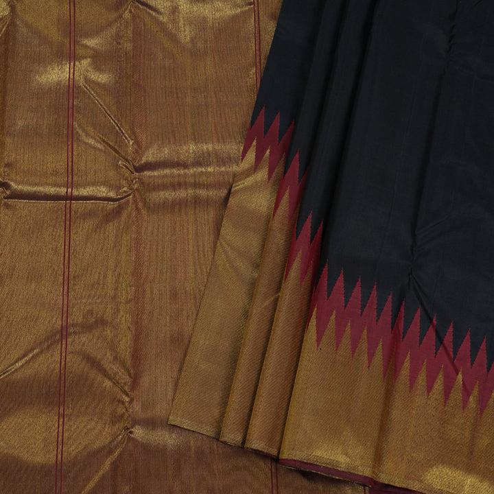 Hayagrivas Black Kanjivaram Handloom Silk Saree with Deep Maroon Raising Temple Border BBD511F1-4