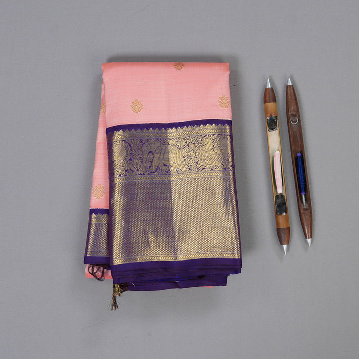 Hayagrivas Peach Pink Kanjivaram Silk Saree with Blue Border BBD512F1-3