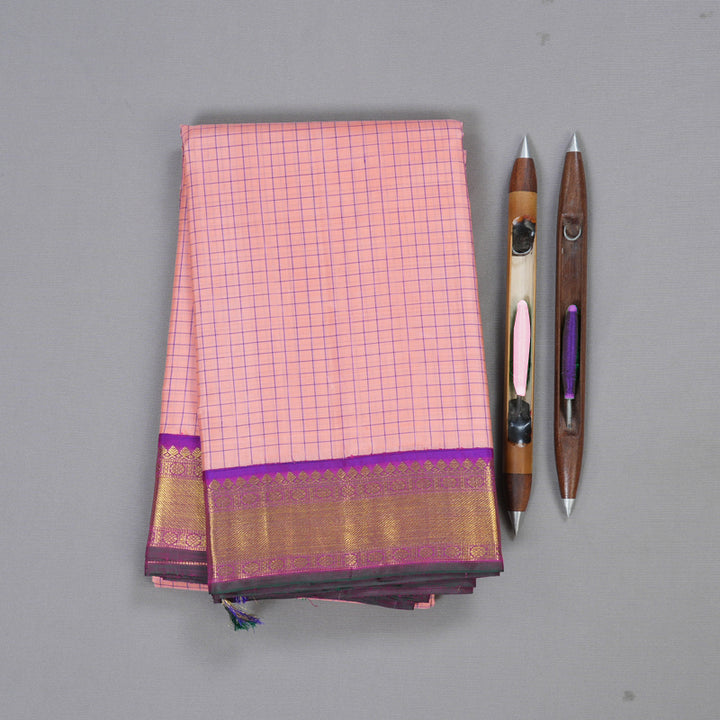 Hayagrivas Peach Kanjivaram Silk Saree with Magenta Border BBD514F8-1