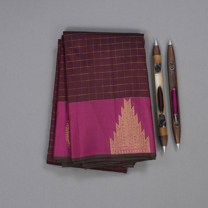 Hayagrivas Dark Maroon Handloom Kanjivaram Silk Saree with Pink Border BBD522F13-1