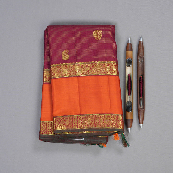 Hayagrivas Maroon Handloom Kanjivaram Silk Saree with Orange Border BBD522F14-3