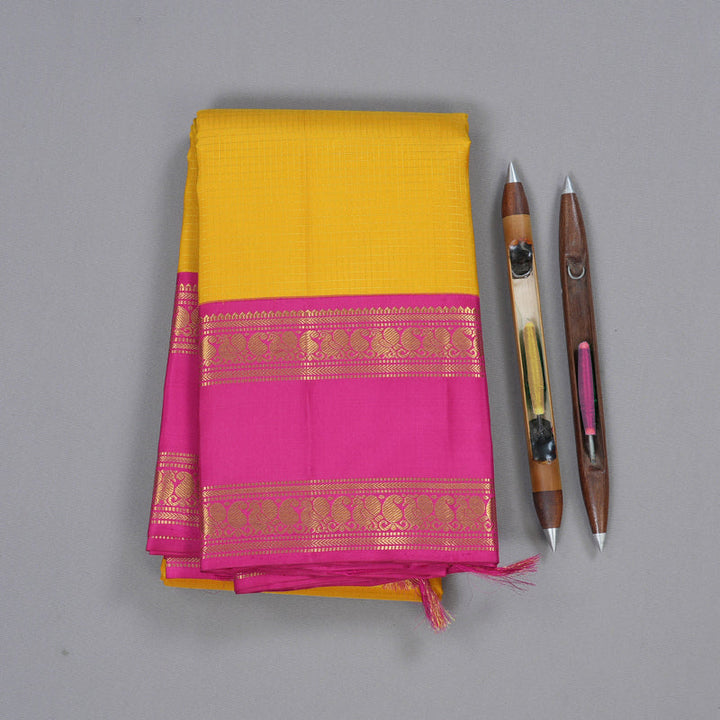 Hayagrivas Mustard Yellow Kanjivaram Silk Saree with Pink Border BBD522F15-1