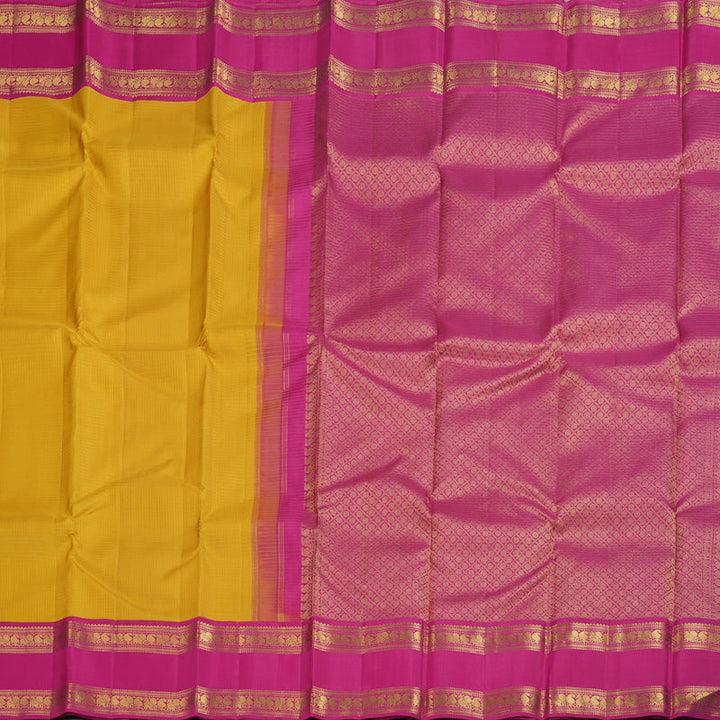 Hayagrivas Mustard Yellow Kanjivaram Silk Saree with Pink Border BBD522F15-1