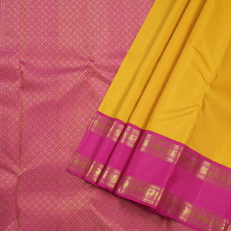 Hayagrivas Mustard Yellow Kanjivaram Silk Saree with Pink Border BBD522F15-1