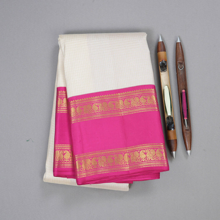 Hayagrivas Half White Kanjivaram Silk Saree with Pink Border BBD522F15-3