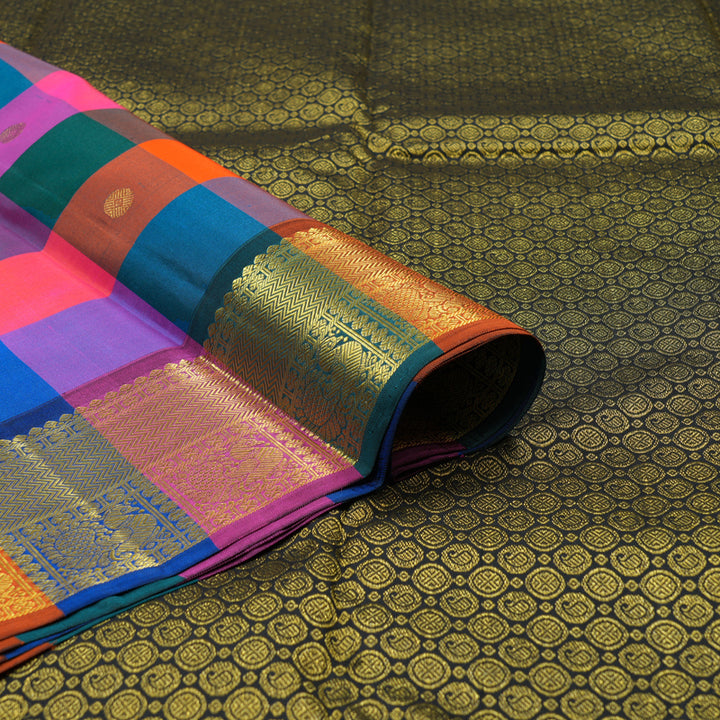 Hayagrivas Handloom Multicolour Checks Kanjivaram Silk Saree with Black border BBD522F21-3