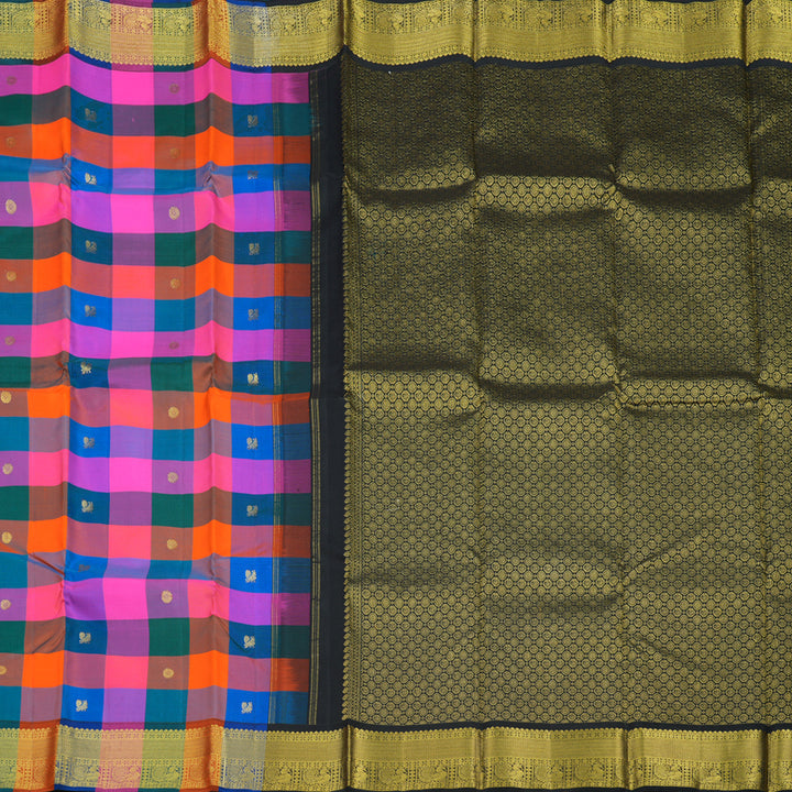 Hayagrivas Handloom Multicolour Checks Kanjivaram Silk Saree with Black border BBD522F21-3
