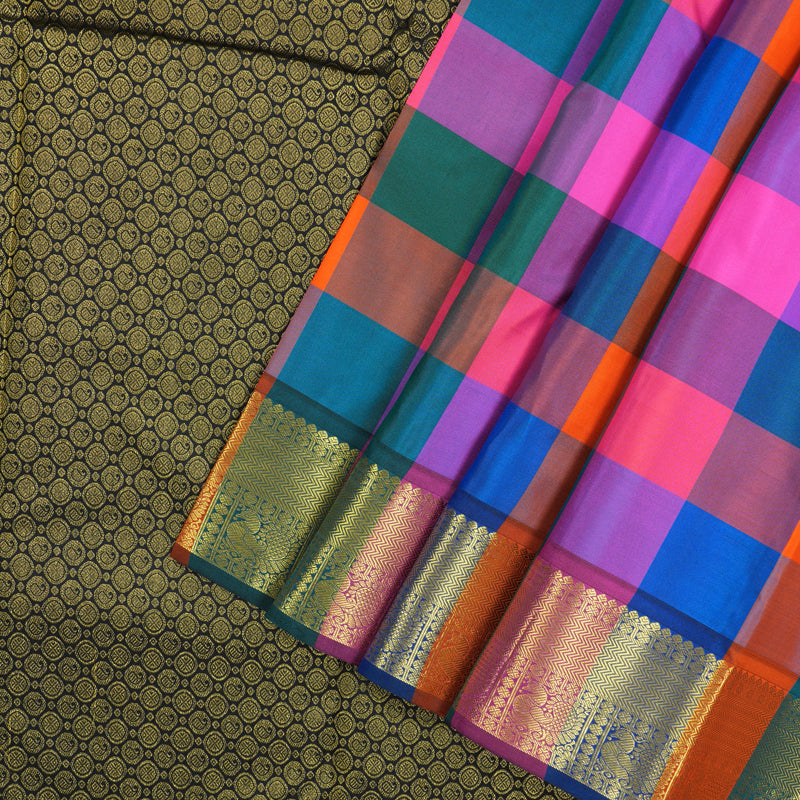 Hayagrivas Handloom Multicolour Checks Kanjivaram Silk Saree with Black border BBD522F21-3