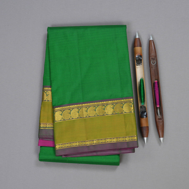 Hayagrivas Green Handloom Kanjivaram Silk Saree with Sampanga Yellow Border BBD525F1-3