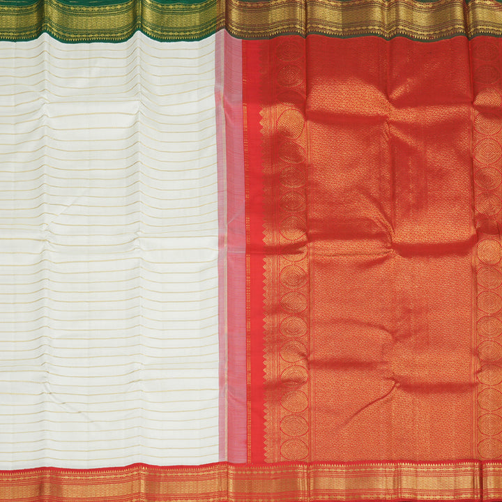 Hayagrivas Half White Handloom Kanjivaram Silk Saree with Ganga Jamuna (Green And Red) Border BBD554G2-1