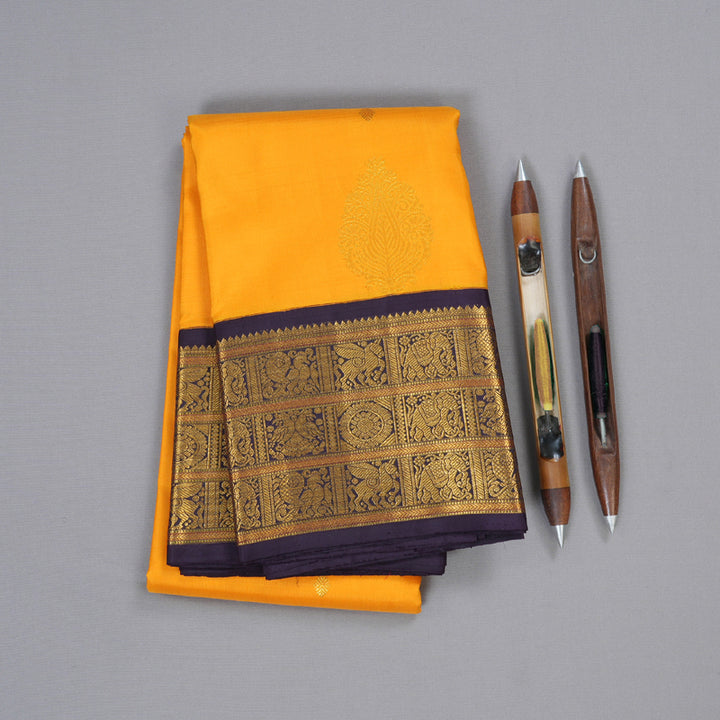 Hayagrivas Mango Yellow Kanjivaram Silk Saree with Elephant, Annam, Pegasus and Chakra Motifs in Border - BBD558G20-1