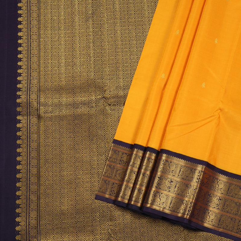 Hayagrivas Mango Yellow Kanjivaram Silk Saree with Elephant, Annam, Pegasus and Chakra Motifs in Border - BBD558G20-1