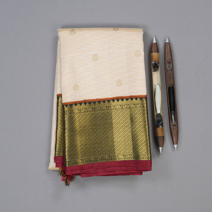 Hayagrivas Sandal with White Handloom Kanjivaram Silk Saree with Black Border BBD563G2-1