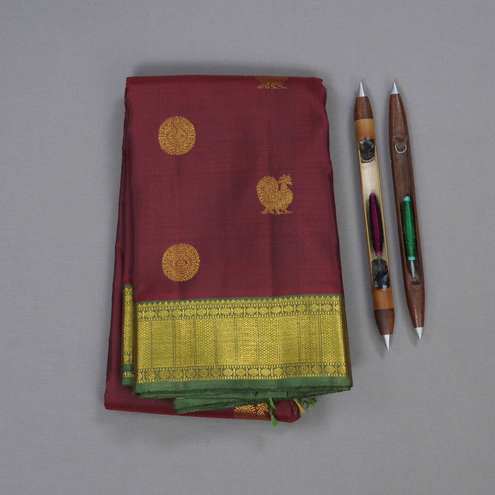 Hayagrivas Wine Maroon Handloom Kanjivaram Silk Saree with Light Green Border BBD565G3-1