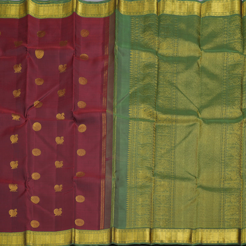 Hayagrivas Wine Maroon Handloom Kanjivaram Silk Saree with Light Green Border BBD565G3-1