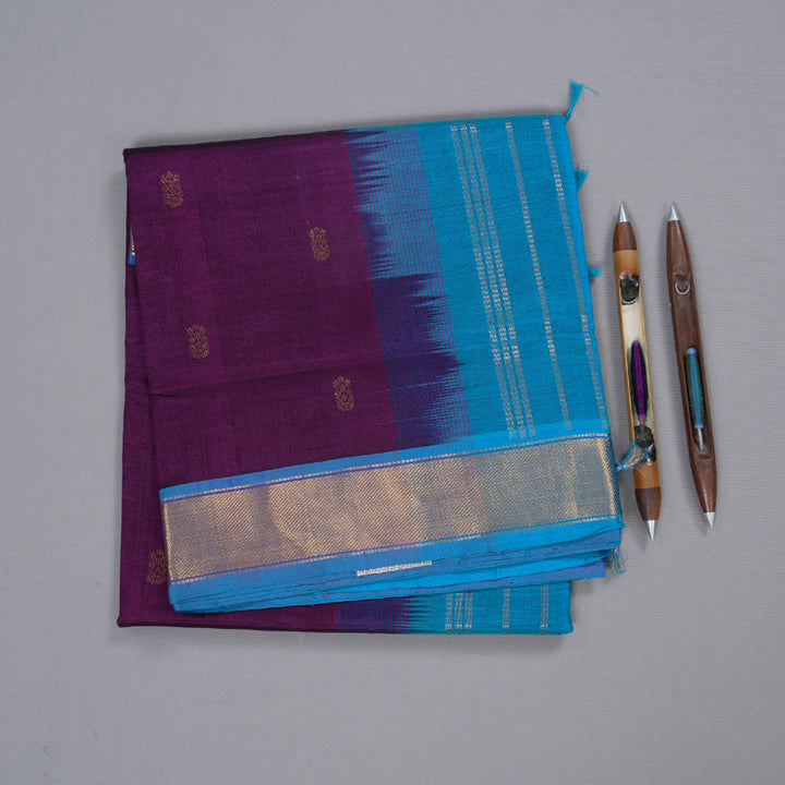 Hayagrivas Purple Body &  Blue border Handloom Silk Cotton Saree BBD56D3-16