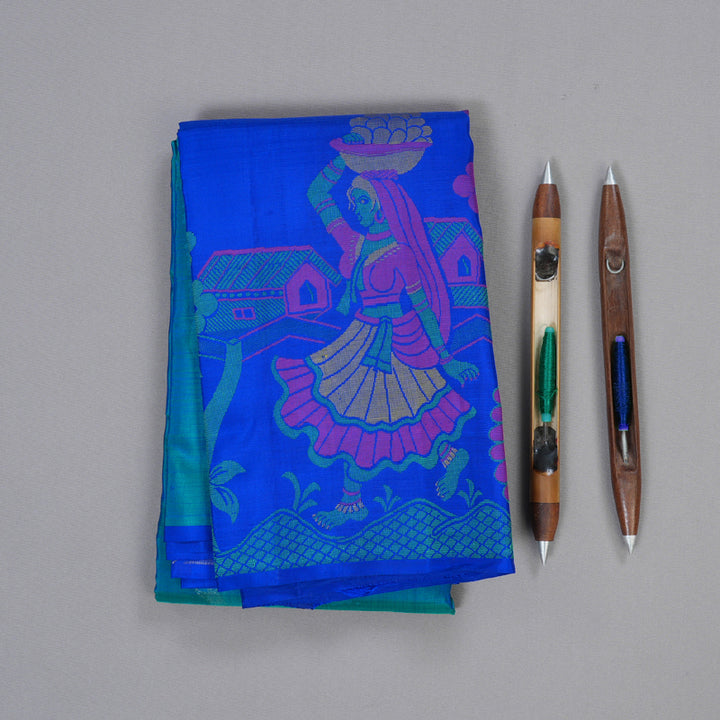 Hayagrivas Peacock Blue Kanjivaram Silk Saree with Blue Border BBD582G2-2