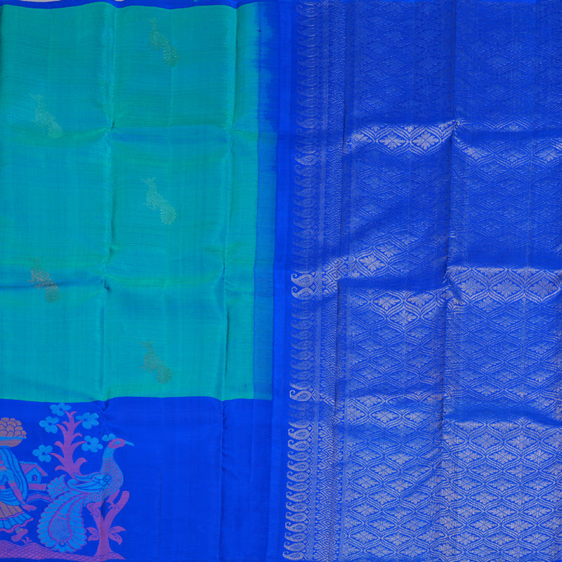 Hayagrivas Peacock Blue Kanjivaram Silk Saree with Blue Border BBD582G2-2