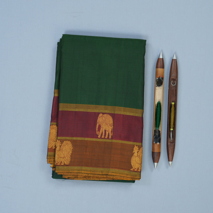 Hayagrivas Handloom Bottle Green Kanjivaram Silk Saree with Rust & Maroon Border BBD590G6-1