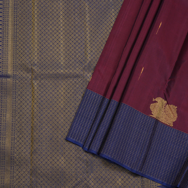 Hayagrivas Dark Maroon Kanjivaram Silk Saree with Midnight Blue Border - BBD595G2-1