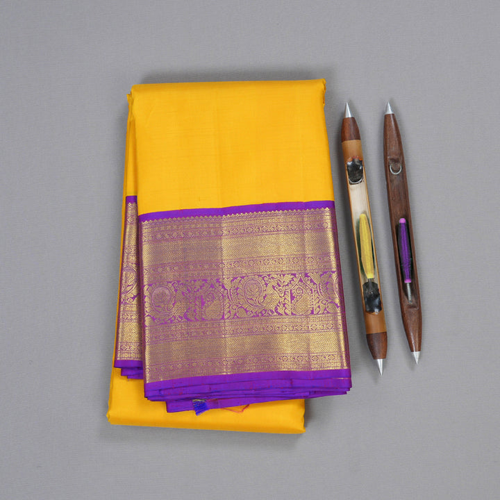 Hayagrivas Handloom Yellow Kanjivaram Silk Saree with Purple Border BBD596G2-4