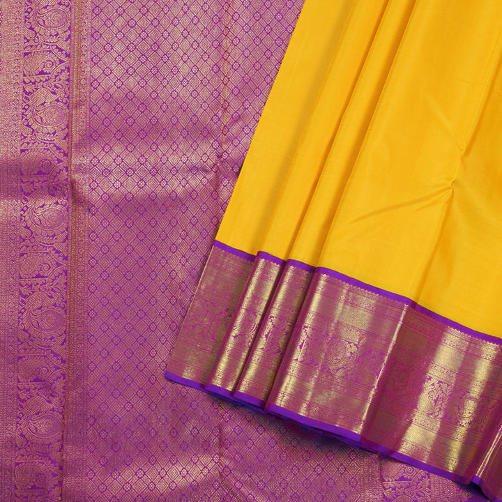 Hayagrivas Handloom Yellow Kanjivaram Silk Saree with Purple Border BBD596G2-4