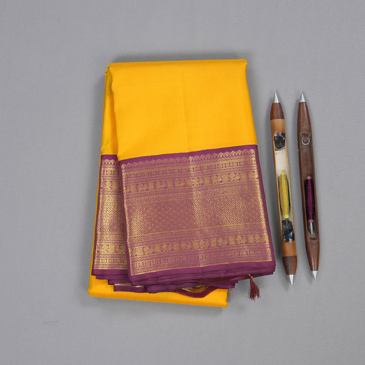 Hayagrivas Yellow Kanjivaram Silk Saree with Dark Purple Border BBD596G2-6