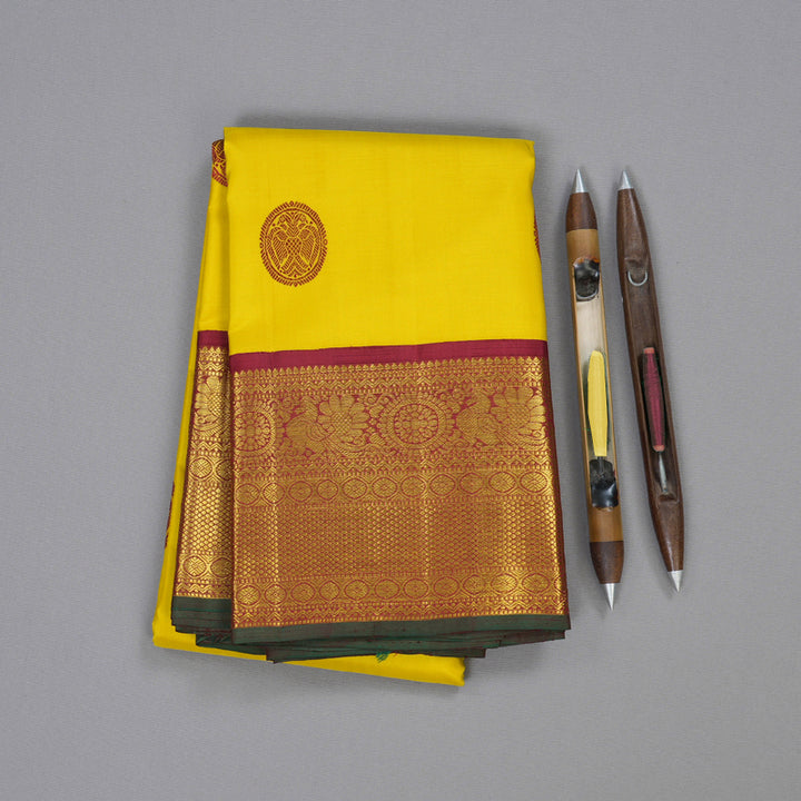 Hayagrivas Lemon Yellow Handloom Kanjivaram Silk Saree with Maroon Border BBD597G1-3
