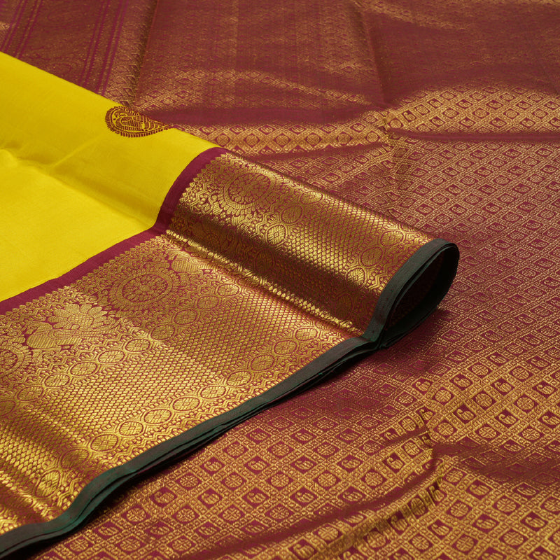 Hayagrivas Lemon Yellow Handloom Kanjivaram Silk Saree with Maroon Border BBD597G1-3