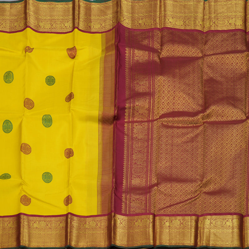 Hayagrivas Lemon Yellow Handloom Kanjivaram Silk Saree with Maroon Border BBD597G1-3