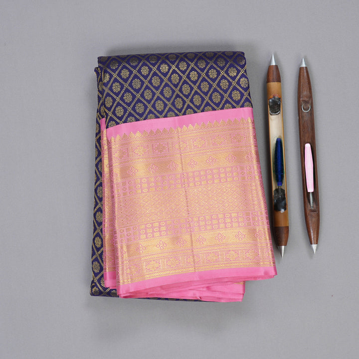 Hayagrivas Navy Blue Kanjivaram Silk Saree with Light Pink Border BBD641G2-1