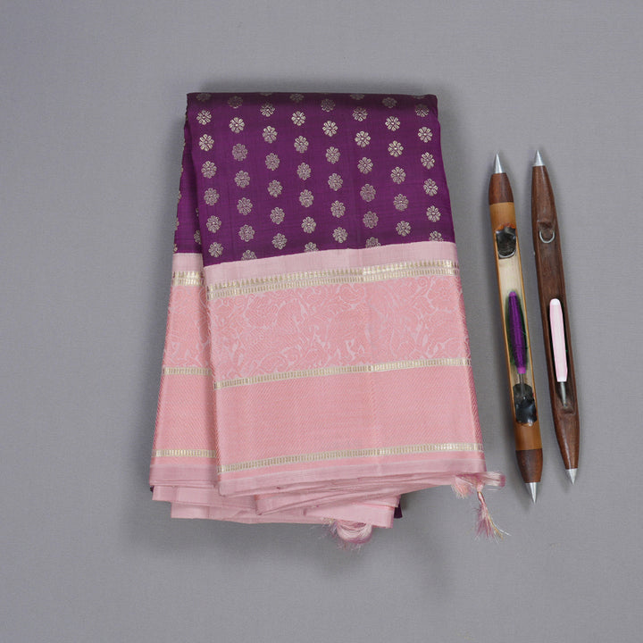 Hayagrivas Purple Kanjivaram Silk Saree with Floral Buttas and Pastel Pink Border - BBD641G3-1