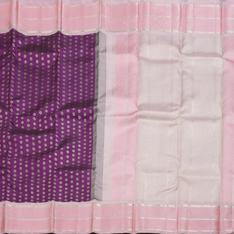 Hayagrivas Purple Kanjivaram Silk Saree with Floral Buttas and Pastel Pink Border - BBD641G3-1