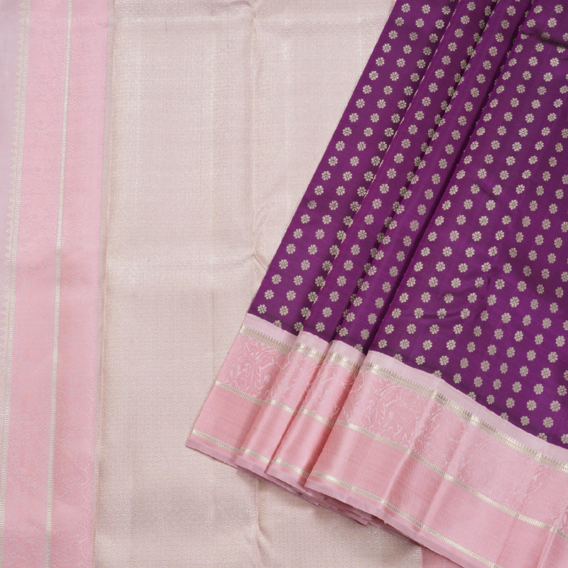 Hayagrivas Purple Kanjivaram Silk Saree with Floral Buttas and Pastel Pink Border - BBD641G3-1