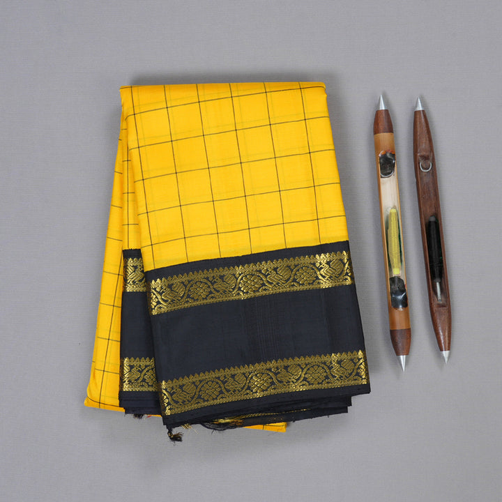 Hayagrivas Yellow Handloom Kanjivaram Silk Saree with Black Border BBD673H2-10