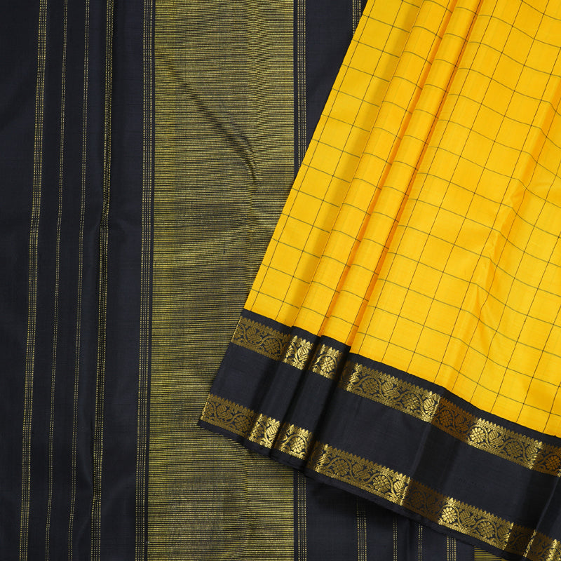 Hayagrivas Yellow Handloom Kanjivaram Silk Saree with Black Border BBD673H2-10