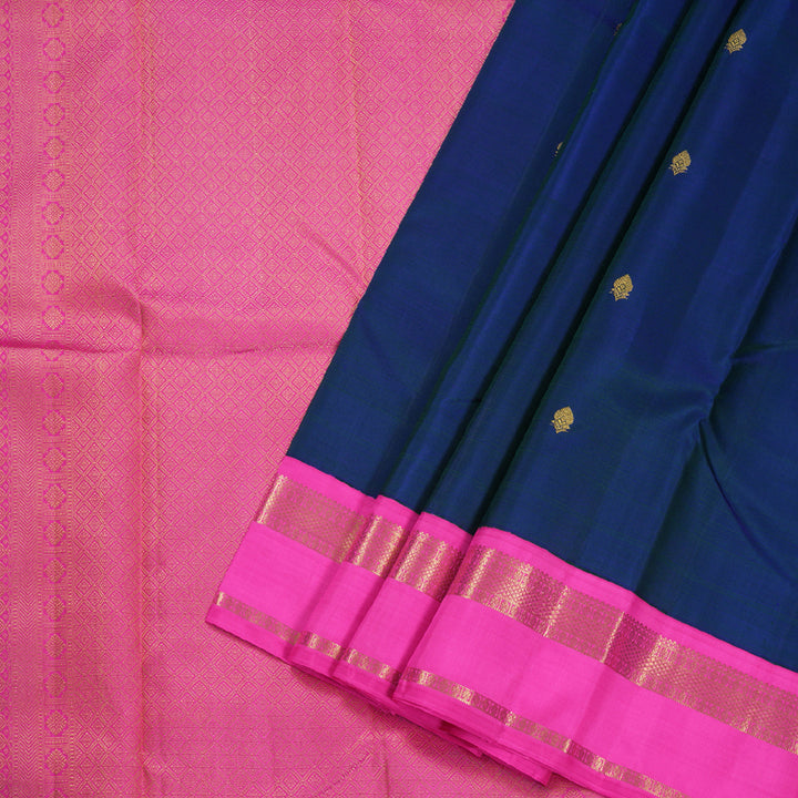 Hayagrivas Handloom Peacock Blue With Pink Kanjivaram Silk Saree BBD673H2-9