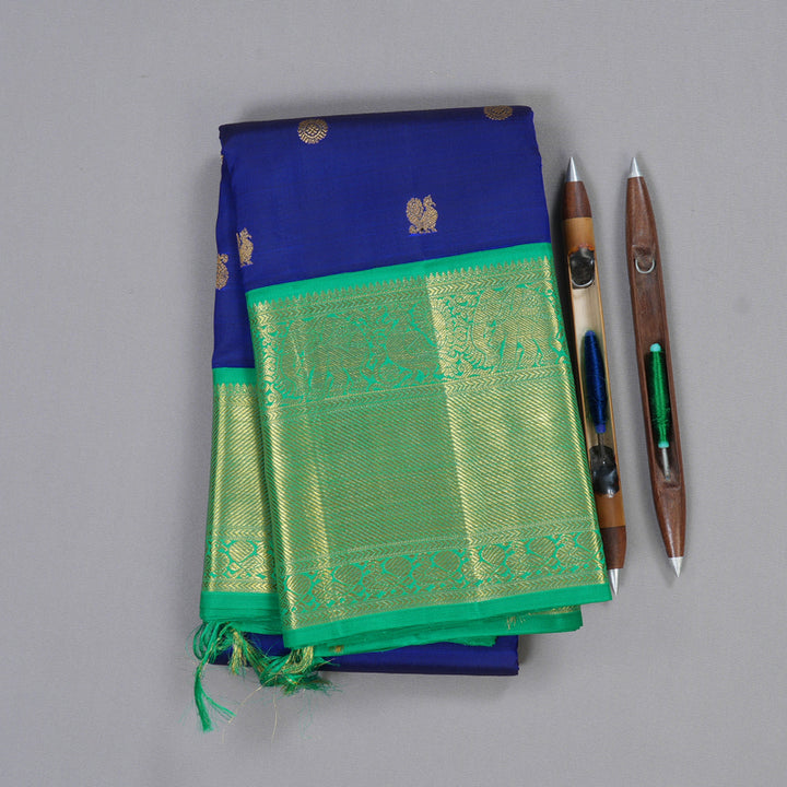 Hayagrivas Blue Kanjivaram Silk Saree with Light Green Border - BBD684H2-5