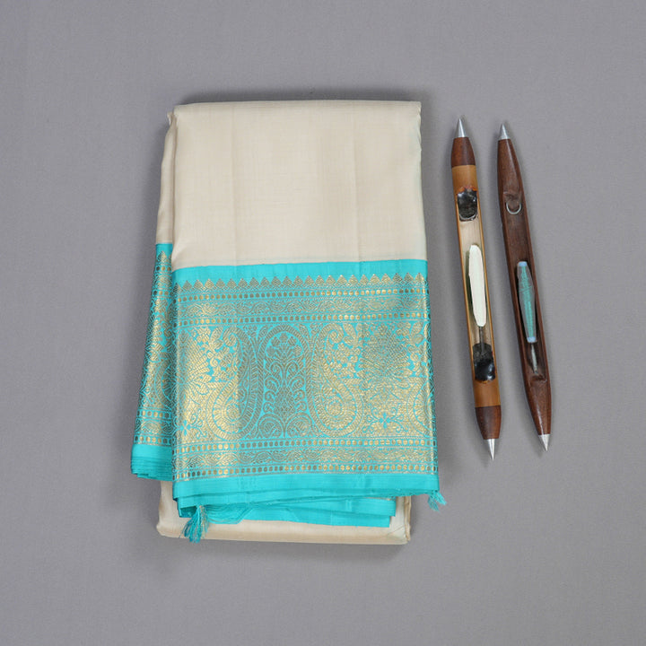 Hayagrivas Off White Handloom Kanjivaram Silk Saree with Sea Blue Border BBD686H2-2