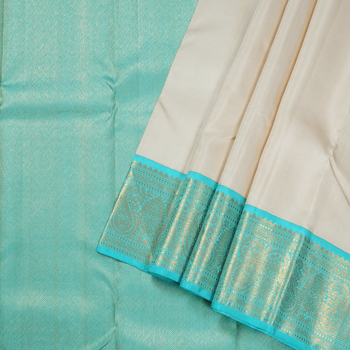 Hayagrivas Off White Handloom Kanjivaram Silk Saree with Sea Blue Border BBD686H2-2