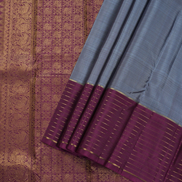 Hayagrivas Dark Grey Kanjivaram Silk Saree with Purple Border BBD687H9-3