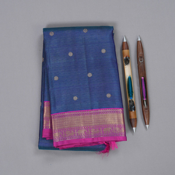 Hayagrivas Peacock Blue Kanjivaram Silk Saree with Purple Border - BBD712H2-1