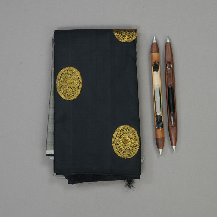 Hayagrivas Handloom Grey Kanjivaram Silk Saree with Black border BBD713H4-1